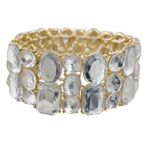 Clear Mirrored Stone Wide Gold Fancy Stretch Bracelet